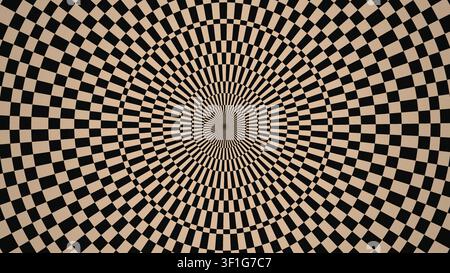 Das Bild zeigt ein spiralförmiges Muster aus abwechselnd schwarzen und weißen Quadraten. Das Design erzeugt einen dynamischen visuellen Effekt, der den Blick des Betrachters fesselt Stockfoto