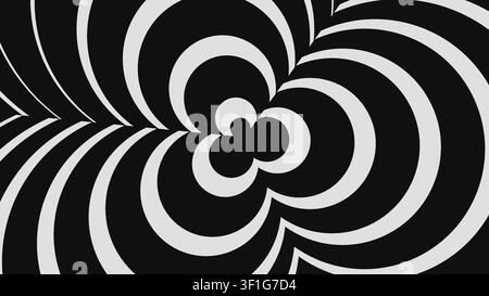 Dieses Design zeigt eine Reihe von konzentrischen Spiralen in Schwarz und Weiß. Das Muster erzeugt einen faszinierenden visuellen Effekt, der das Auge nach innen zieht. Sui Stockfoto