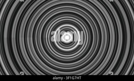 Das Bild zeigt eine Reihe sich wiederholender schwarzer und weißer Kreise, die ein tunnelartiges Muster bilden. Die Kreise nehmen allmählich an Größe zu in Richtung des c Stockfoto