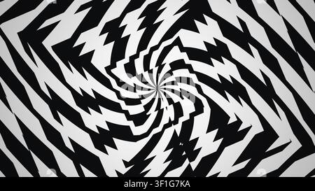 Dieses Design zeigt ein kräftiges schwarz-weißes Spiralmuster mit scharfen, zigzagförmigen Elementen. Die Formen erzeugen einen auffälligen visuellen Effekt, der die Aufmerksamkeit auf sich zieht Stockfoto