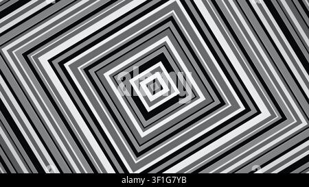 Das Kunstwerk zeigt eine Reihe von konzentrischen Quadraten in verschiedenen Schattierungen von Schwarz und Weiß. Das Design erzeugt einen dynamischen visuellen Effekt durch seine Wiederholung Stockfoto