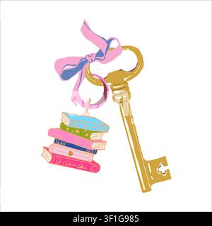 Vektorillustration eines Schlüssels mit einem Schlüsselbund in Form eines Bücherstapels. Lese-Thema, Stapel von Romanen. Romantisches buchthematisches Accessoire. Schlüssel mit Schleife. Clipart im flachen, mädchenhaften Stil (isoliertes Objekt). Stock Vektor