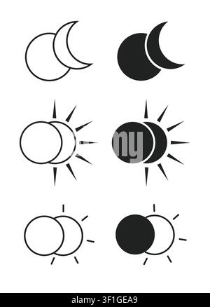Satz von sechs schwarz-weißen Symbolen, die Sonne und Mond überlappen und eine Finsternis, himmlische Ausrichtung und Tag-Nacht-Konzepte veranschaulichen Stock Vektor
