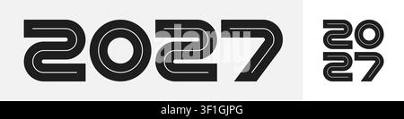 Retro-Techno-2027-Frohes-Neues-Jahr-Logo-Vorlage. Kräftige minimale Typografie-Vektor-Design-Set. Moderner Winterurlaubsparty-Einladungsflyer-Banner-dekoratives Grafik-Element. Stock Vektor