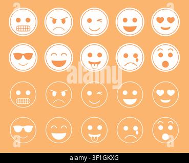 Satz von zwanzig orangefarbenen und weißen Emoticon-Gesichtern, die glückliche, wütende, lachende, traurige, überraschte, zwinkernde und Liebesausdrücke zeigen Stock Vektor