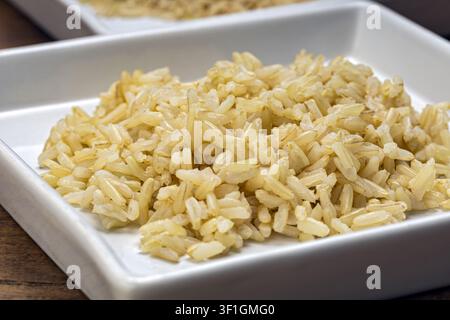 Frisch gekochter Jasmin-Braunreis mit einer hellen goldenen Vollkornstruktur, serviert auf einem sauberen weißen quadratischen Keramteller. Ein zweiter Teller Reis Stockfoto