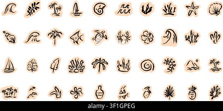 Satz von papercut-Sommer-Minimalismus-Aufklebern. Scrapbook-Tagebuch handgezeichnete Clip-Art. Buntstift, Pastell, Kreide, Kohle funky Doodle naiver Kinderschmierz Stock Vektor