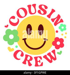 Cousin Crew Retro-Smiley-Gesicht-Design. Stock Vektor