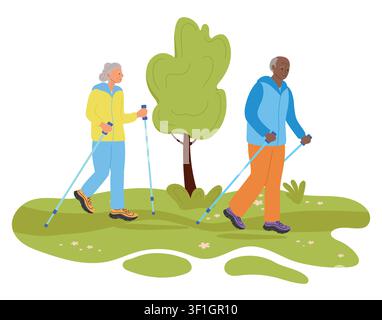 Älteres Paar geht mit Nordic-Walking-Stöcken im Wald. Vektorillustration für aktives Altern, Senior-Fitness, Outdoor-Walking. Stock Vektor
