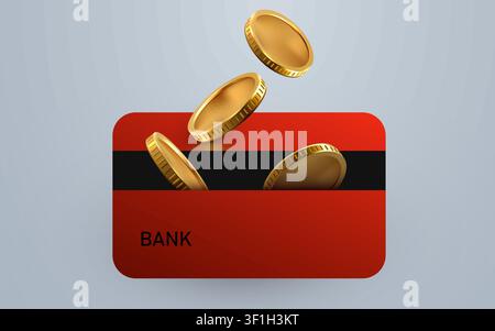Goldmünzen fallen in eine rote Bankkreditkarte als Finanzkonzept. Vektorillustration. Stock Vektor