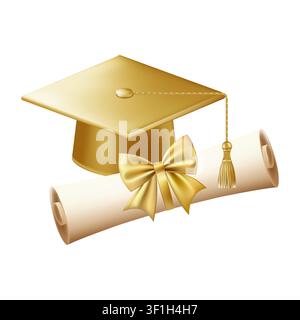 3. Graduiertenkappe mit Diploma Scroll. Diplom mit goldener Schleife. Stock Vektor
