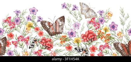 Wildblume mit weißen und braunen Pfauenfalter als untere nahtlose Bordüre Aquarellillustration. Handgezeichnetes Insekt mit grünem Blatt. Florales Design für rustikale Sommerkarte. Botanische Wiederholvorlage. Stockfoto