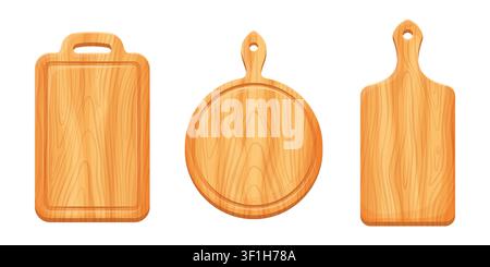 Schneidebretter oder Schneidebretter, Cartoon-Holzküchenutensilien aus Holzblöcken zum Kochen von Speisen. Schneidebretter-Symbole oder Schneidebretter mit Holztextur in rechteckigen oder runden Formen mit Griffen Stock Vektor