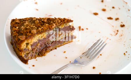 Ein letztes Stück mehrschichtiger, glutenfreier und laktosefreier Kuchen, das auf einem weißen Teller mit einer Gabel liegt. Stockfoto
