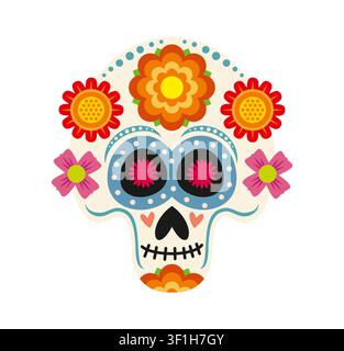 Mexikanischer Calavera-Zuckerschädel verziert mit orangefarbenen Ringelblumen, rosa Blütenherzen und bunten Zierpunkten. Traditionelles Día de los Muertos-Symbol für Einladungen zum Tag der Toten Stock Vektor