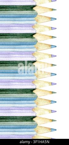 Aquarell-nahtlose vertikale Bordüre aus bunten Bleistiften. Elegantes handgezeichnetes Briefpapier-Muster für Back-to-School-Designs, Bildungsmaterialien Stockfoto