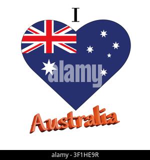 Illustration von I Love Australia mit einem herzförmigen Schild mit einer Flagge auf weißem Hintergrund Stockfoto