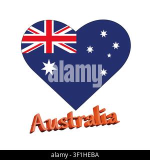 Illustration von I Love Australia mit einem herzförmigen Schild mit einer Flagge auf weißem Hintergrund Stockfoto