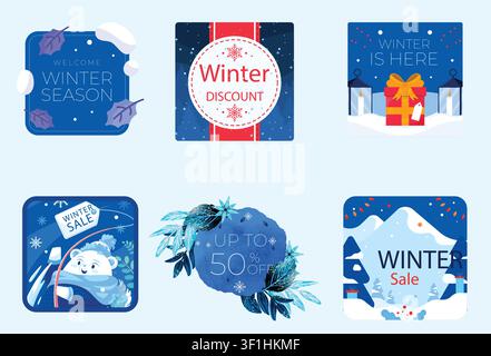 Winter-Sale-Abzeichen-Set mit Weihnachtsgeschenkbox, Eisbär, Laternen, Bergschneeszenerien. Saisonale Promo-Etiketten-Vektorillustration. Stock Vektor