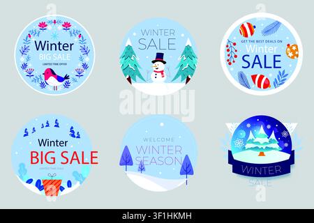 Winter-Sale-Abzeichen-Set mit sübem Schneemann, Vogelkranz, Weihnachtskugeln, Schneekugeln-Icons. Feiertags-Rabatt-Vektorillustration. Stock Vektor