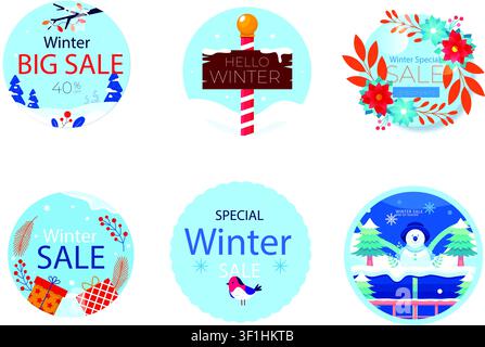 Winter-Sale-Abzeichen mit Schneemann, Weihnachtsgeschenkboxen, Wegweiser, Blumenkranz-Vektoren. Feiertags-Promo-Illustration. Stock Vektor