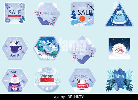 Winter-Sale-Abzeichen mit Rabatt-Etiketten, Eisbär, heiße Schokolade, Schneeflocken-Grafiken. Feiertags-Promo-Vektorillustration. Stock Vektor