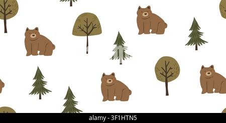 Nahtloses Waldbärchenmuster mit niedlichen Bären, Kiefern und minimalistischen Waldelementen auf weißem Hintergrund, luftiges skandinavisch inspiriertes Wiederholungsdesign in warmen Naturfarben für Kinderzimmerdeko, Babytextilien, Tapeten, Geschenkpapier und gemütliche Waldthemen-Kinderprojekte Stock Vektor