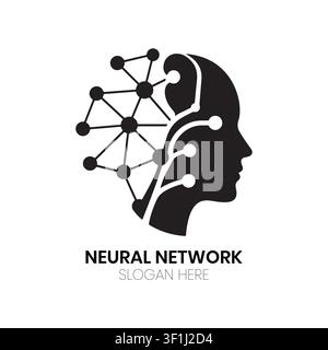 Neuronennetz-Logo, das mit einer menschlichen Profilsilhouette entworfen wurde, die mit Netzwerkknoten verschmolzen ist, um fortschrittliche künstliche Intelligenz und mentale Berechnung zu repräsentieren Stock Vektor