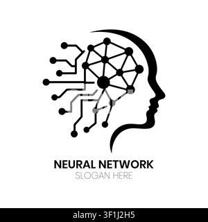 Neuronennetz-Logo mit einem menschlichen Kopfprofil und verbundenen Knoten, das künstliche Intelligenz, maschinelles Lernen und fortschrittliche Technologie darstellt. Stock Vektor