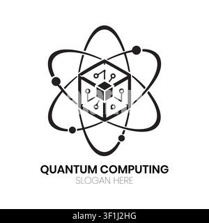 Quantum-Computing-Logo mit einem Würfel und Stromlinien in atomaren Bahnen, ein professionelles Symbol für moderne Software- und Technikforschung. Stock Vektor