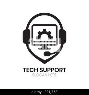 Tech-Support-Logo, das eine Person zeigt, die ein Headset trägt, mit einem zentralen Zahnraddesign für Experten-Computertechniksupport-Unternehmen. Stock Vektor