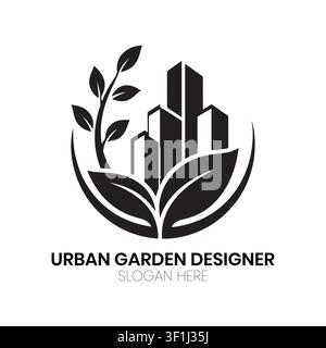 Urban Garden Designer-Logo zeigt eine kreative Mischung aus hohen Gebäuden und organischen Blattflächen für moderne Stadtlandschaftsbetriebe. Stock Vektor
