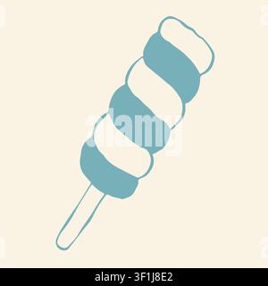 Doodle-Vektorkunst eines verdrehten spiralförmigen Eis-Popstangen auf einem traditionellen Holzstab. Minimalistische blaue Umriss-Ikone für erfrischendes gefrorenes Obst Stock Vektor