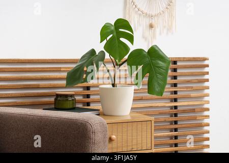 Monstera deliciosa Zimmerpflanze in einem weißen Topf auf einem Holznachttisch mit einer Kerze und einem Buch, moderne Wohnraumgestaltung, eine grüne Glaskerzendose mit Korkendeckel und Stockfoto