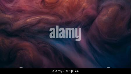 Funkelnde Rauch-Tinte. Pigmentmischung. Goldener Dunstwirbel in dunkler farbenfroher Flüssigkeit. Glitzernde unscharfe Lockenstrom-Textur abstrakter Hintergrund. Stockfoto