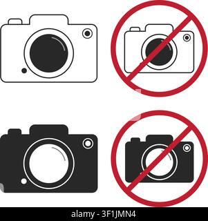 Ein Satz von Kamera-Symbolen und Verbotssymbolen für Fotografie mit Umriss- und festen schwarzen Silhouetten-Designs mit roten Verbotssymbolen. Stock Vektor