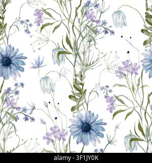 Aquarell nahtloses Muster mit Illustration hellblau und violett Wildblumen Kräuter Blumen - Phlox, Kornblume, Fritillary, Echinacea, Gänseblümchen Stockfoto