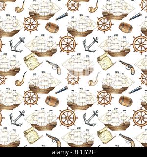 Nahtloses Design mit historischen Segelbooten, Anker, Steuerrädern und anderen Schiffsaccessoires. Handgezeichnete Aquarellillustrationen. Für Textilien Stockfoto
