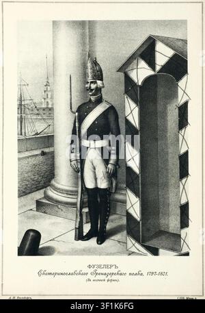 Fusilier des Yekaterinoslawer Grenadierregiments in Frühlingsuniform während der Regierungszeit von Kaiser Paul I., 1797–1801. Der Soldat ist im Wachdienst mit einem Steinschlossmusket mit Bajonett dargestellt und trägt eine für die Zeit charakteristische Grenadiermütze. Illustration aus der Ausgabe von 1900 von Alexander V. Viskovatovs Historischer Beschreibung der Kleidung und Waffen der russischen Armee. Stockfoto