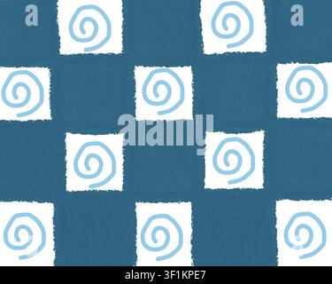 Ein kühnes Schachbrettmuster mit festen marineblauen Quadraten, die sich mit weißen Quadraten abwechseln, wobei jedes eine hellblaue Spiralmuster-Rosette trägt. Stockfoto