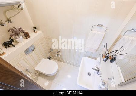 Hohe Blickwinkelansicht eines sauberen, gut beleuchteten Badezimmers. Weiße Armaturen und beige Fliesen dominieren den Raum, der mit Pflanzen und kleinen Ornamenten dekoriert ist Stockfoto