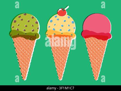 Flache Vektorillustration von Minz-, Vanille- und Erdbeer-Eiswaffeln auf grünem Hintergrund. Stock Vektor