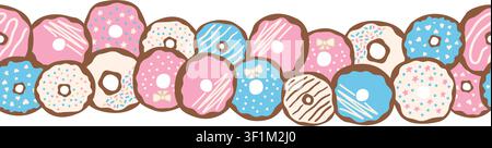 Nahtlose Bordüre mit handgezeichneten Donuts im Doodle-Stil. Süßer Gebäckrahmen mit glasierten Donut-Elementen für Backmenü, Karte, Verpackung oder lustigen Hintergrund Stock Vektor