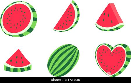Verspieltes Wassermelonen-Vektor-Set mit ganzer Frucht, runden Scheiben, dreieckigen Keilen und herzförmigen Stücken. Helle, saftige Sommerkost isolierte Sammlung Stock Vektor