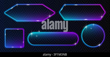 Helle Rechtecke und Pillen mit lebendigen Neon-Effekten. Neon-Aufruf zum Handeln für modernes Interface- und Bannerdesign. Stock Vektor