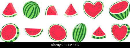 Frisches Wassermelonen-Vektorset mit ganzer Frucht, runden Scheiben, dreieckigen Keilen und herzförmigen Stücken. Helle Sommerlebensmittelkollektion isoliert auf Weiß Stock Vektor
