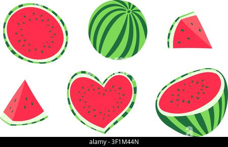 Buntes Wassermelonelement-Set mit ganzer Melone, runden Scheiben, dreieckigen Stücken und Herzformen. Lustige Sommerfrucht-Vektorsammlung für de Stock Vektor