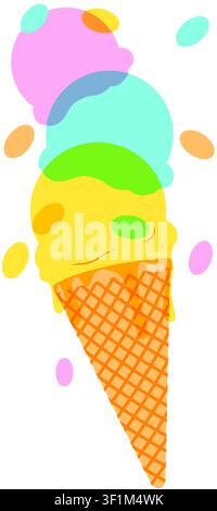 Vektorillustration im Risograph-Stil von gestapelten Pastell-Eiscremebällchen auf einer Waffeltüte. Stock Vektor