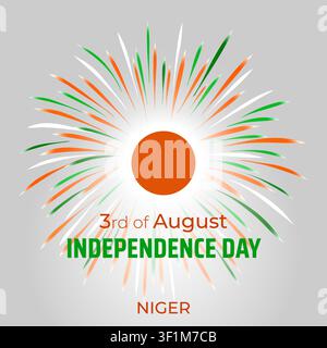 3. August, Unabhängigkeitstag von Niger. Nigerische farbenfrohe Feuerwerksflagge auf weißem Hintergrund. Nationalfeiertag von Niger am 3. August. Glückwunsch zum Unabhängigkeitstag Stock Vektor