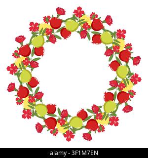 Bunter Kranz aus Granatäpfeln, Äpfeln, Zitronen und Blumen mit grünen Blättern, festliches Design für Rosch Haschana Stock Vektor